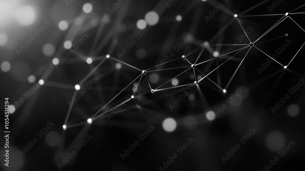 Poster abstract digital network with glowing white dots connected by lines on a black background.