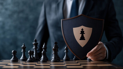 A corporate leader in a suit holds a shield emblazoned with a cyber security emblem, standing in front of a chessboard where pieces are strategically placed, symbolizing the defens