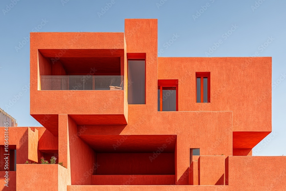 Poster bold red modular building with stacked geometric blocks contrasting shadows and contemporary design 