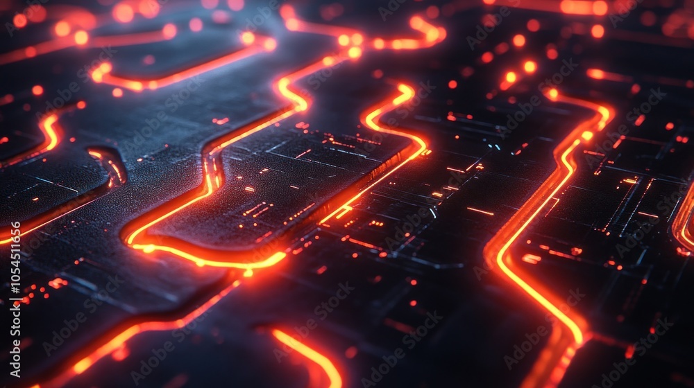 Poster abstract futuristic technology background with glowing red lines on a dark metallic surface.