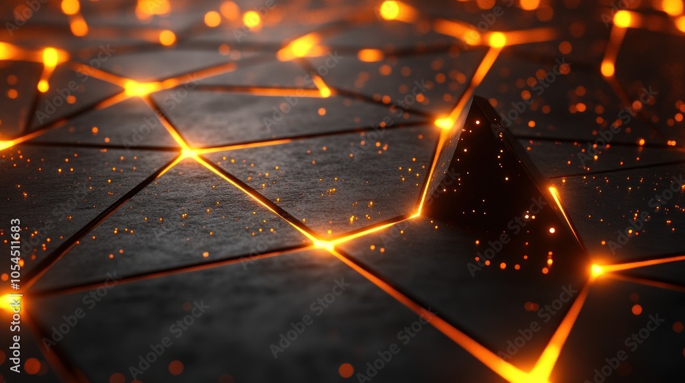Poster abstract geometric background with glowing lights and a pyramid.