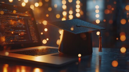 A graduation cap rests on a laptop with coding displayed, symbolizing education in technology.