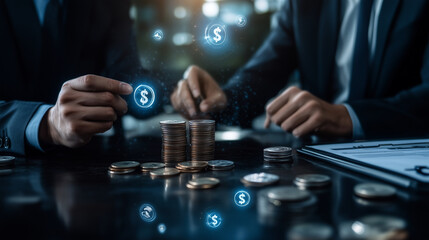 Naklejka premium A collage of businessmen interacting around stacks of coins, with dollar symbols floating in the background, representing the intricate process of financial planning and the growth