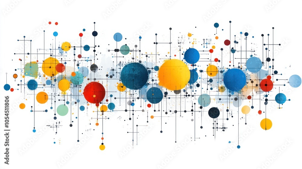 Poster Abstract geometric pattern with colorful circles and lines on a white background.