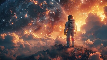 Obraz premium Astronaut Gazing at Earth in a Cosmic Landscape