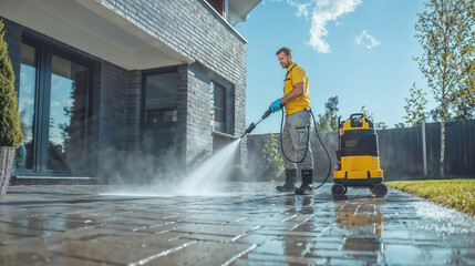 Professional cleaning service worker pressure washing pavement next to modern house