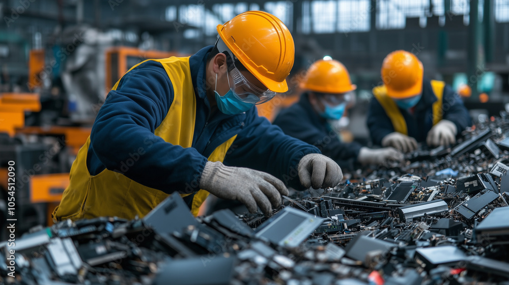 Poster workers in safety helmets and gloves operate machinery at an e-waste recycling facility, sorting thr