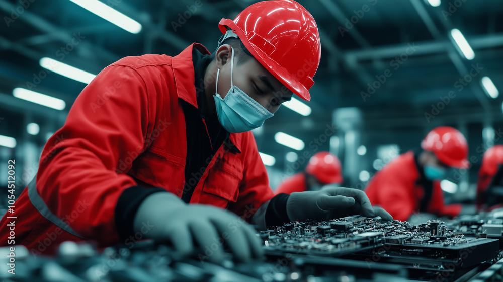 Poster workers in safety helmets and gloves operate machinery at an e-waste recycling facility, sorting thr