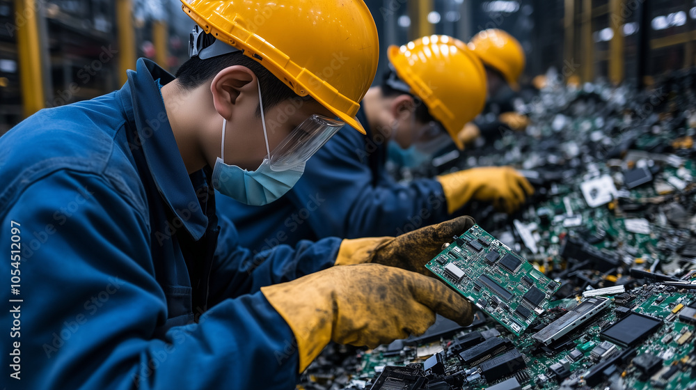 Poster workers in safety helmets and gloves operate machinery at an e-waste recycling facility, sorting thr