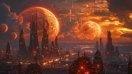 Fototapeta premium Futuristic Cityscape with Glowing Red Planets and Night Sky