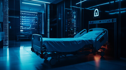 A high-tech hospital bed in a well-lit room with advanced digital controls and a prominent lock symbol on the screen, representing the crucial intersection of healthcare and cybers