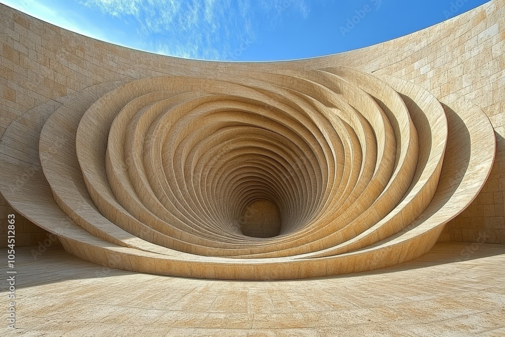 Poster Concentric circular structure in sandstone with smooth layered curves showcasing an abstract architectural design inspired by natural erosion patterns