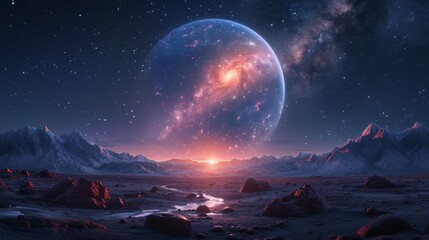 Fototapeta premium Cosmic Landscape: Galaxy Planet and Mountain Range