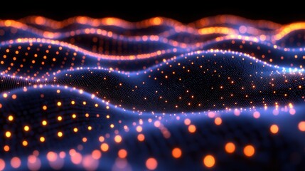 Abstract glowing wave of connected points on dark blue background.