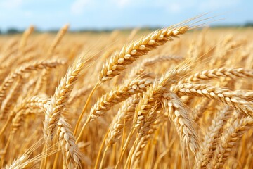 Close up of ripe wheat heads in a field under bright sunlight symbolizing agricultural productivity and natural growth during harvest season