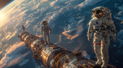 Astronauts Spacewalk on International Space Station Above Earth