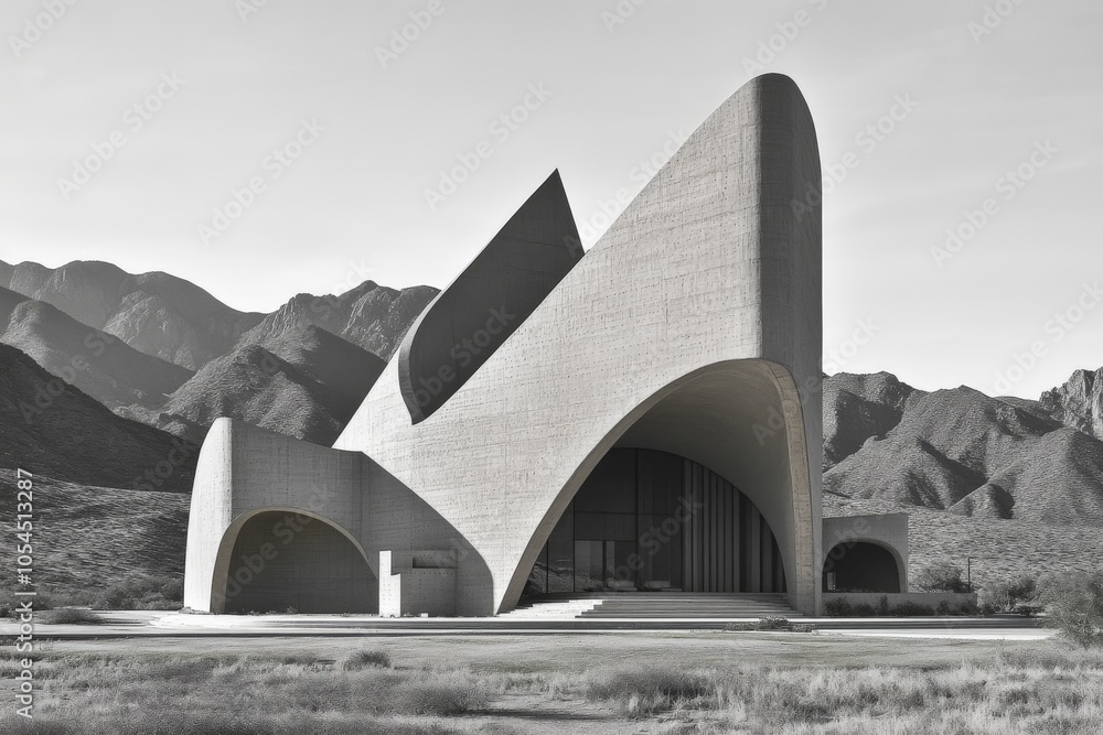Poster monumental concrete architecture with wave like curves and expansive backdrop set in a dramatic land