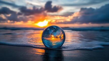 A glass orb reflecting a sunset on a beach, surrounded by gentle waves.