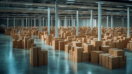 Expansive warehouse filled with organized rows of cardboard boxes