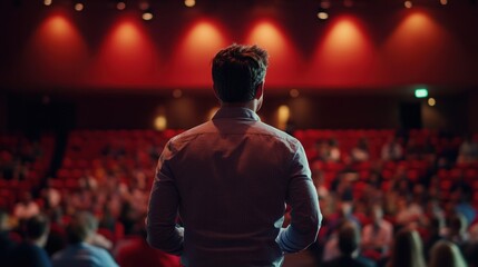 A speaker addresses an audience in a theater setting, emphasizing engagement and communication.