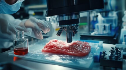 A laboratory scene with a microscope analyzing a sample of pink substance.