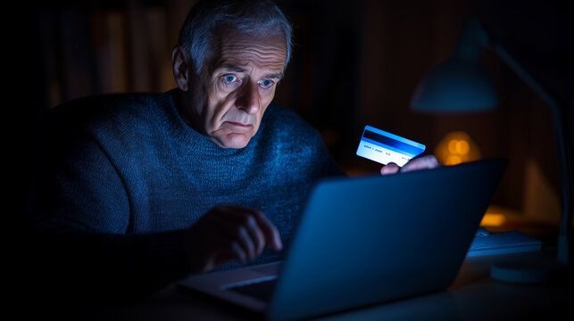 An elderly man with a concerned expression sits at a dimly lit desk, holding a credit card while staring at a laptop screen, the glow from the device highlighting his uncertainty a - Powered by Adobe