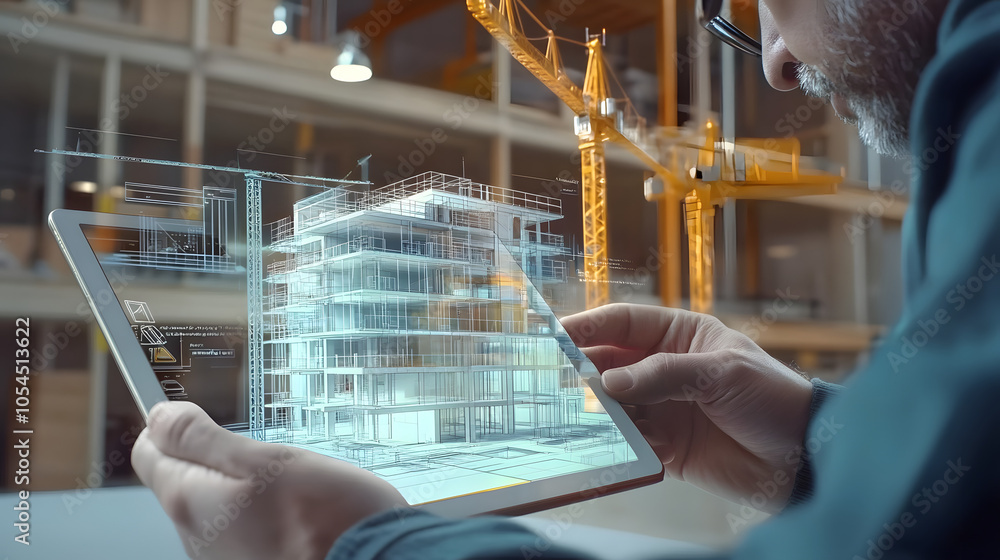 Poster architect using digital tablet for building information modeling