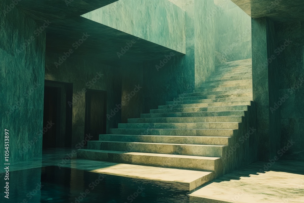 Poster shadowed concrete staircase with moody green tones blending brutalist architecture with mysterious s