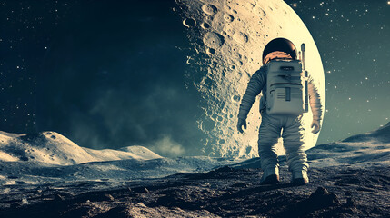 Obraz premium Cute Cartoon Style Moon Landing Cartoon Astronaut Landing on the Moon Aspect 16:9