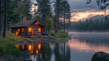 Obraz premium A cozy cabin with warm lights sits on the shore of a lake, with a peaceful and misty sunset in the background.