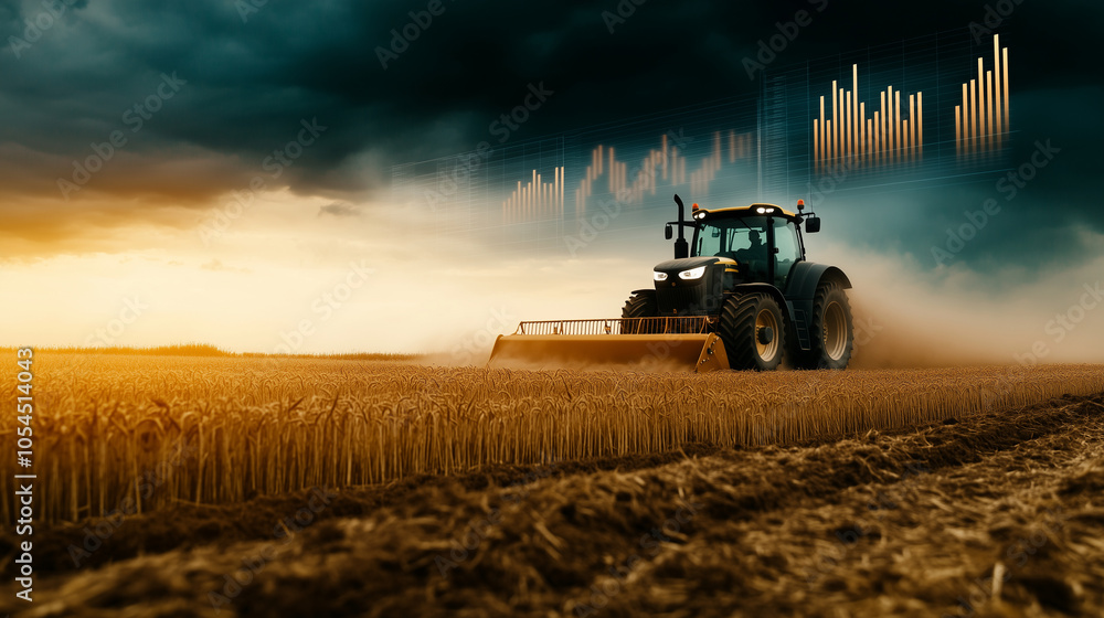 Poster a tractor plowing through a wheat field, with clouds of dust rising behind it, while sleek financial