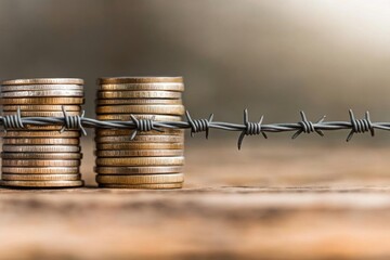 A stack of coins trapped behind a barbed wire fence, representing restricted trade, financial blockade, economic sanctions