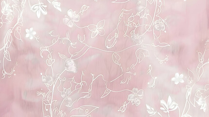 A subtle pink background with dainty white outlines of floral and butterfly motifs, arranged in a light, airy pattern for an effortlessly elegant look
