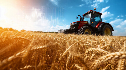 Fototapeta premium A farmer driving a tractor through a field of wheat, with a bright blue sky above and overlaid financial graphs reflecting the economic aspects of farming and crop management.