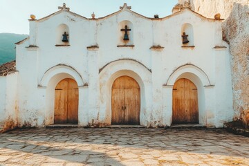 Naklejka premium Historic white adobe church with three wooden doors and stone paved courtyard representing traditional religious architecture and Spanish colonial influence