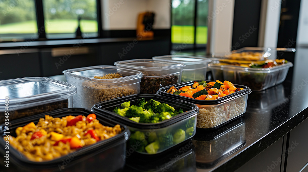 Poster a countertop featuring an array of tupperware containers filled with meal-prepped foods such as stir