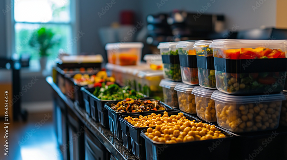 Poster a batch cooking setup with tupperware containers stacked neatly, each holding colorful and nutritiou