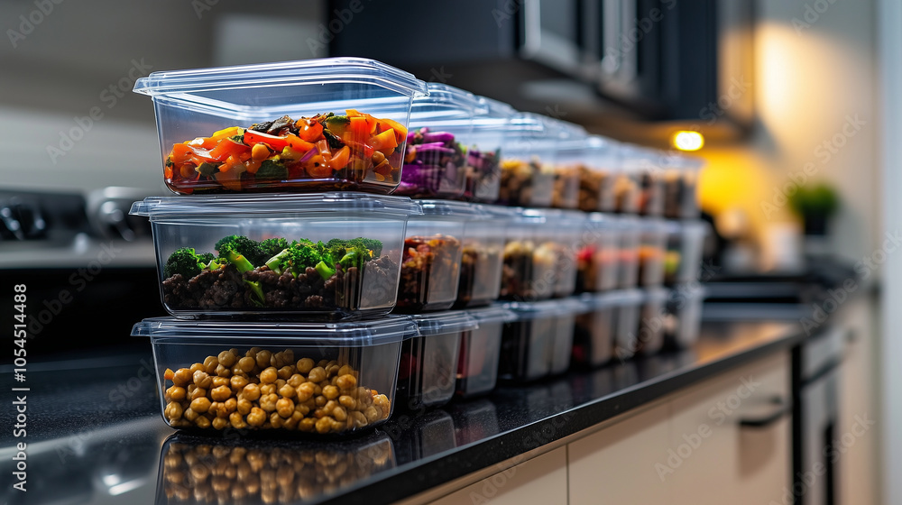 Aufkleber a batch cooking setup with tupperware containers stacked neatly, each holding colorful and nutritiou