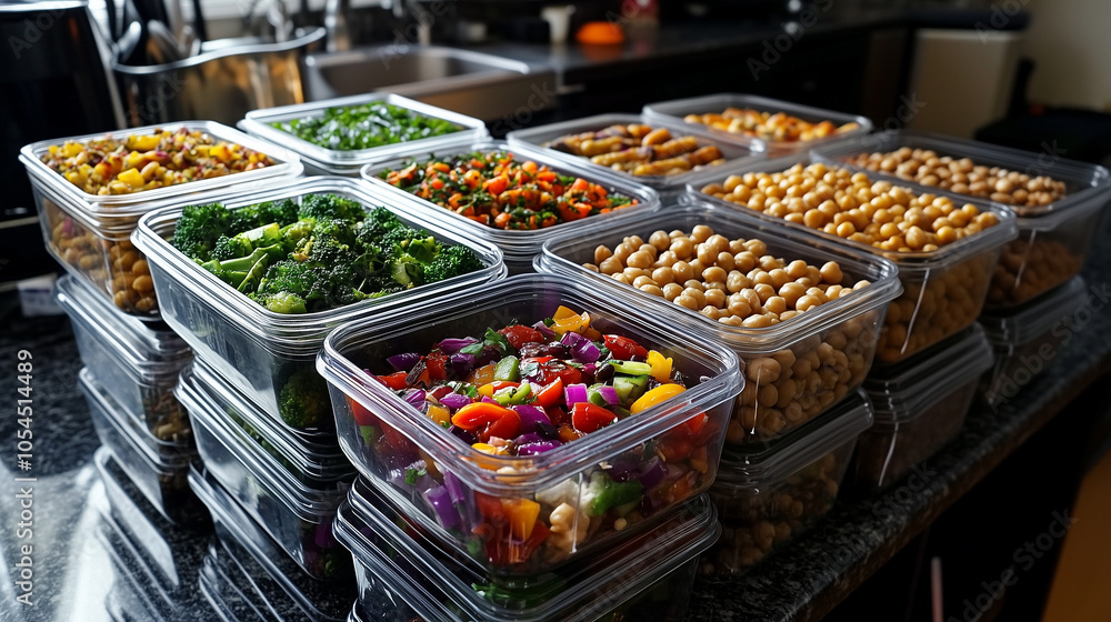 Poster a batch cooking setup with tupperware containers stacked neatly, each holding colorful and nutritiou