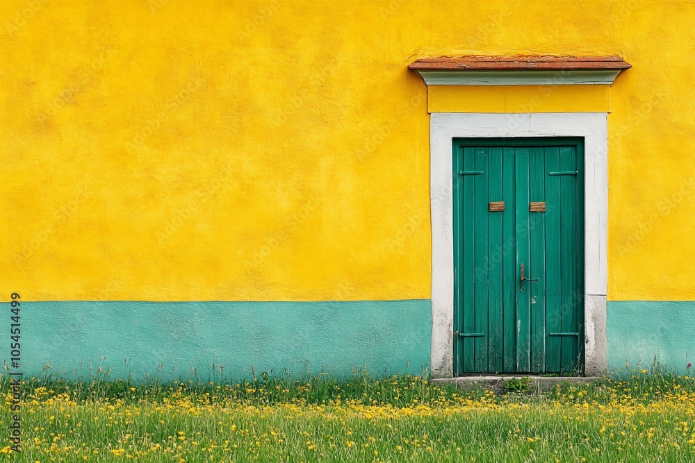 Poster bright yellow wall with contrasting green door set against a grass covered field combining vibrant c