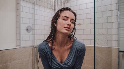 Woman under the shower with wet hair, ideal for beauty and wellness themes