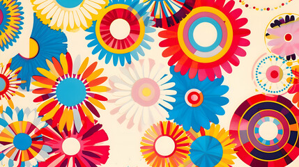 Fototapeta premium A symmetrical arrangement of colorful, flat design flowers on a soft cream background, with each bloom radiating in shades of red, pink, yellow, and blue, creating a vibrant floral scene