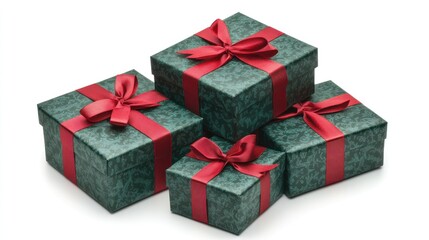 Obraz premium A collection of beautifully wrapped gift boxes with red ribbons.