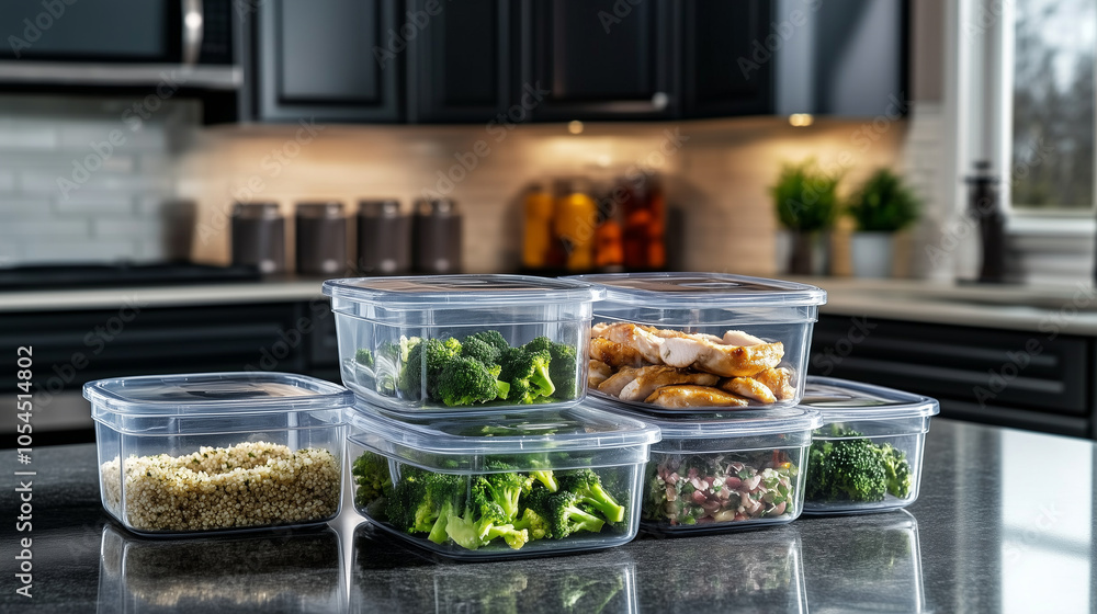 Poster a batch of neatly stacked tupperware containers, filled with healthy options like steamed broccoli, 