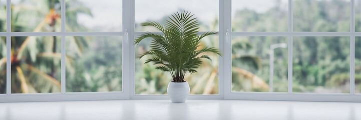 Fototapeta premium Green palm plant in white pot white window green blurred background minimalist home decor peaceful serenity 
