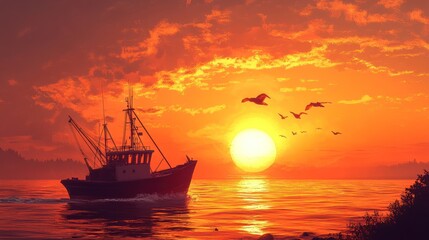 Fototapeta premium A fishing boat sails on the ocean at sunset with a flock of birds flying overhead. The sun is setting in the distance, casting a golden glow on the water and sky.
