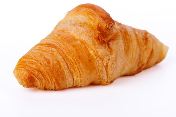 Artistic view of a croissant on a white infinite background, highlighting its crispy outer shell and soft interior, ideal for culinary showcases