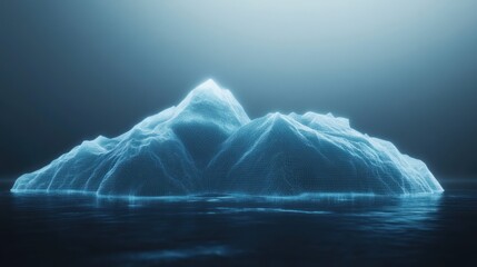 A glowing iceberg illuminated in a serene, foggy atmosphere.