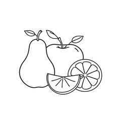a line drawing of three fruits - a pear, an apple and a slice of lemon, solid black color, isolated white background