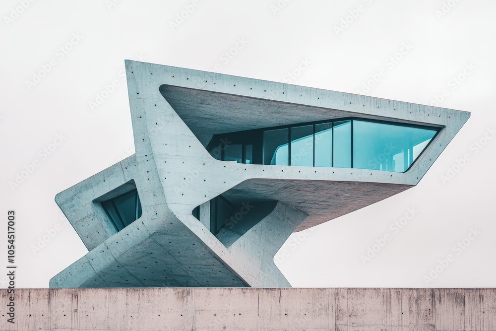 Poster futuristic angular concrete building with large cantilevered section highlighting avant garde archit